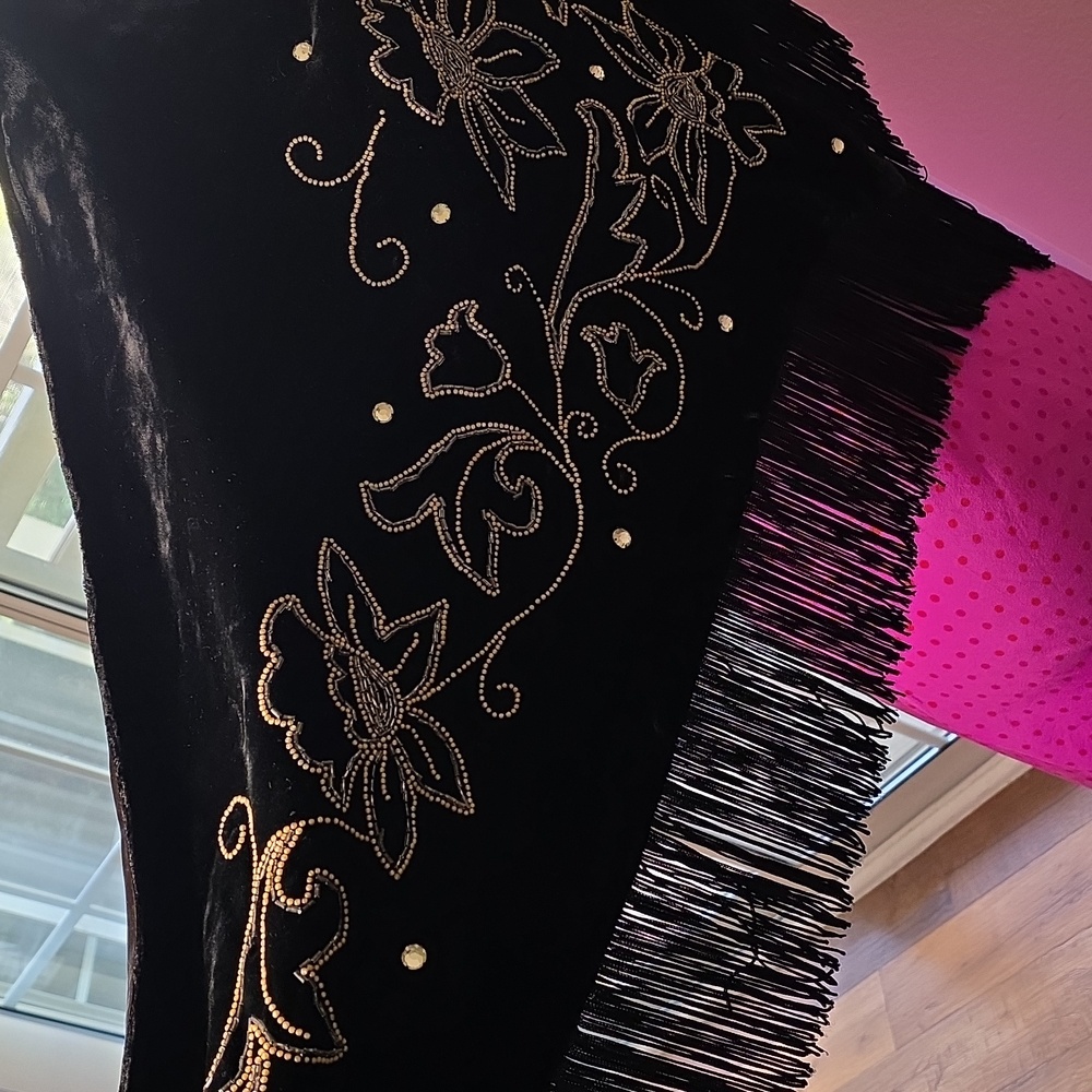 Vintage Black Velvet Beaded Shawl with Embroidery, Rhinestones and Fringe - Picture 3 of 5